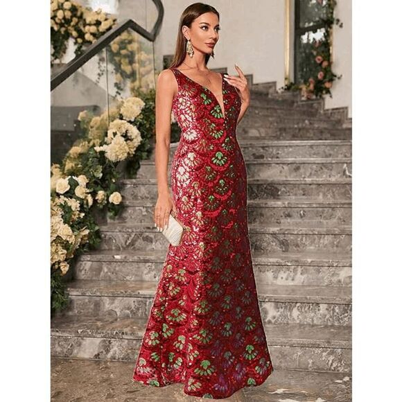 ✨❤️ Formal Red Sequin Mermaid Column Art Deco 1920s Long Gown Maxi Dress L NWT - Picture 9 of 13